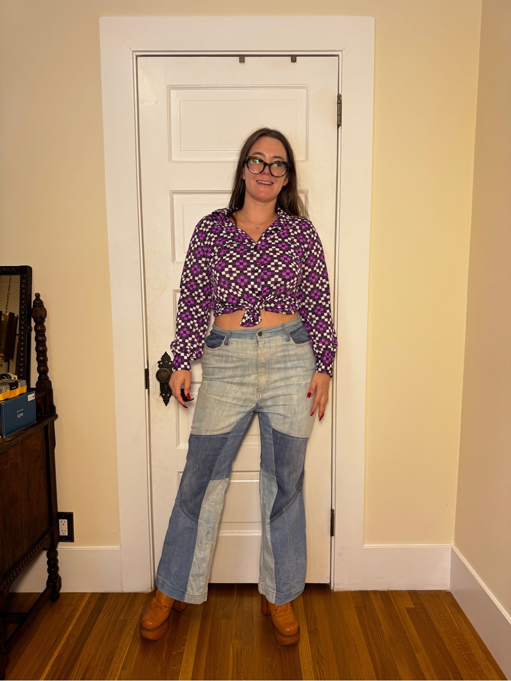 70s Vintage Patchwork Bellbottom Jeans Sz L
